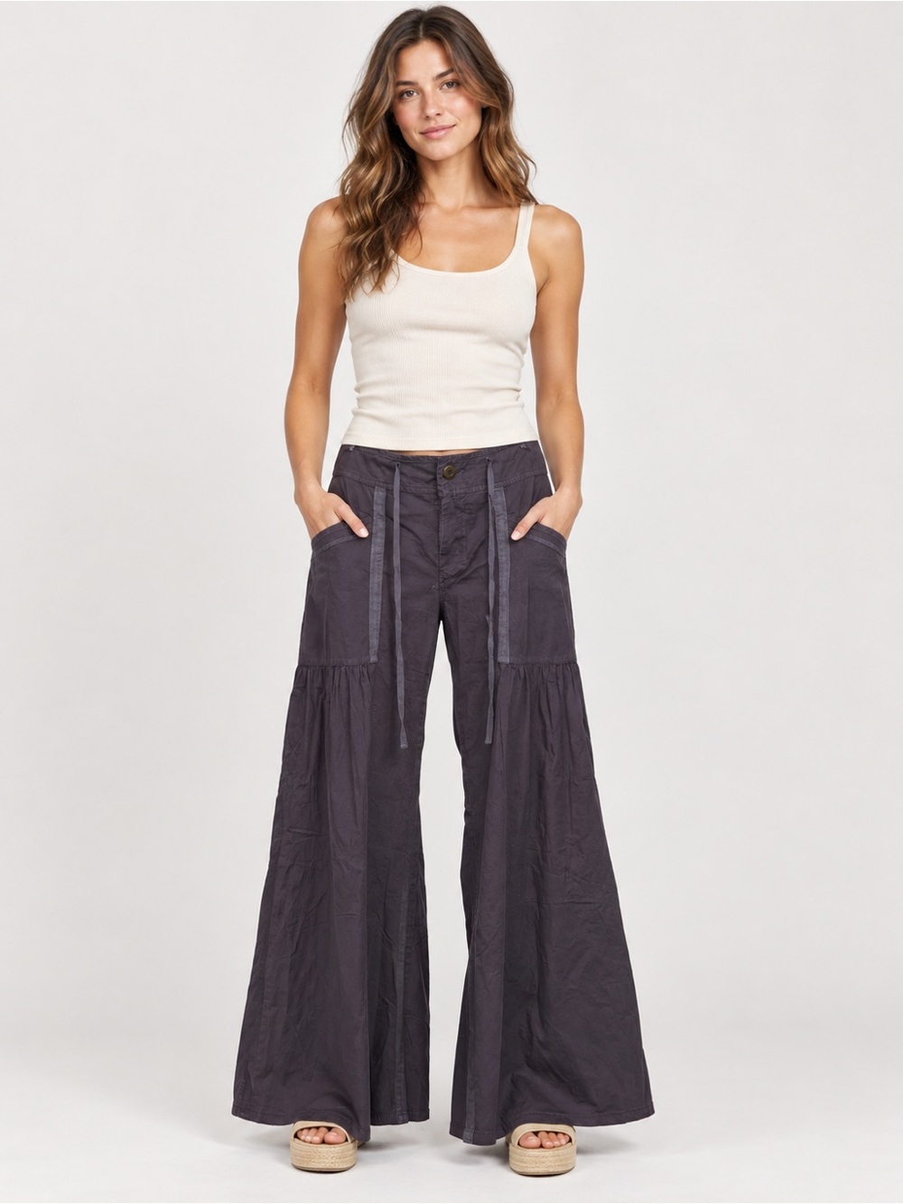 XCVI Women’s Small Charcoal Wide Leg Utility Pants Drawstring Boho Y2K